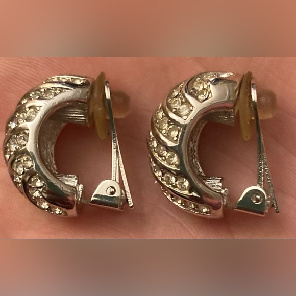 CHRISTIAN DIOR Vintage Silver Crystal Huggie Hoop Clip-On Earrings - Picture 7 of 9